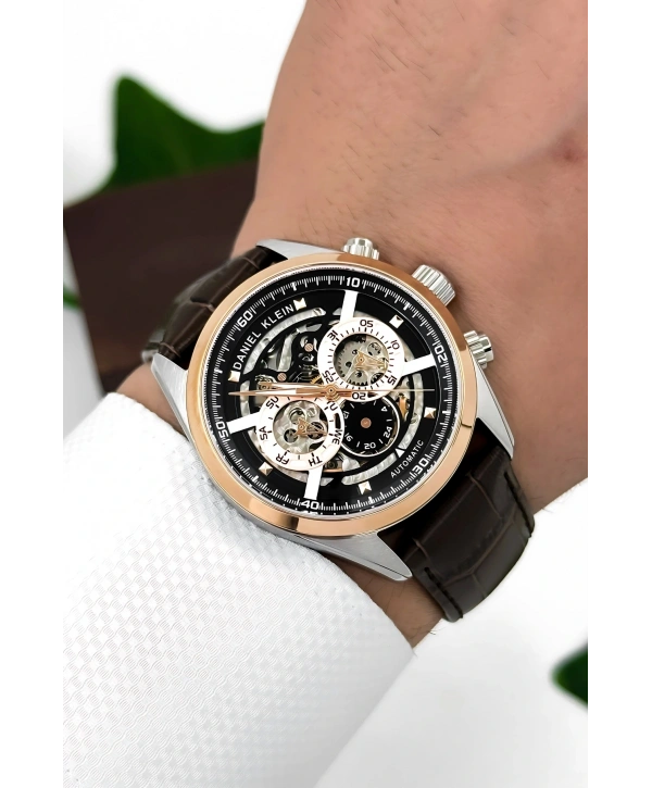 Daniel Klein Deri Kordon Çelik Kasa Otomatik Mekanizma Erkek Kol Saati Kahve-Rose sddk104