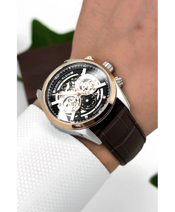 Daniel Klein Deri Kordon Çelik Kasa Otomatik Mekanizma Erkek Kol Saati Kahve-Rose sddk104