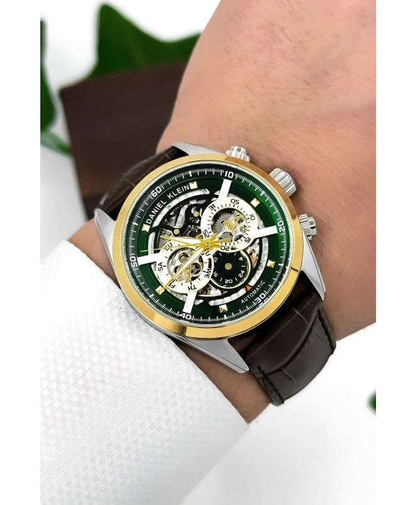 Daniel Klein Deri Kordon Çelik Kasa Otomatik Mekanizma Erkek Kol Saati Kahve-Gümüş sddk104