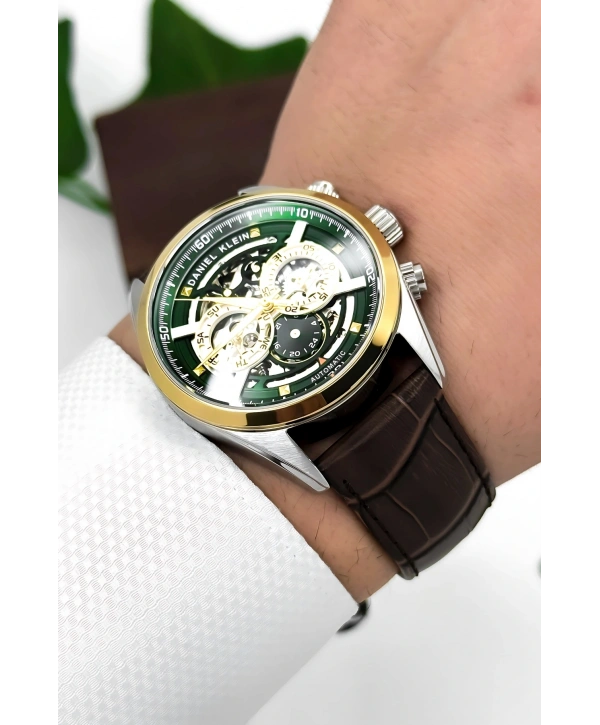 Daniel Klein Deri Kordon Çelik Kasa Otomatik Mekanizma Erkek Kol Saati Kahve-Gümüş sddk104