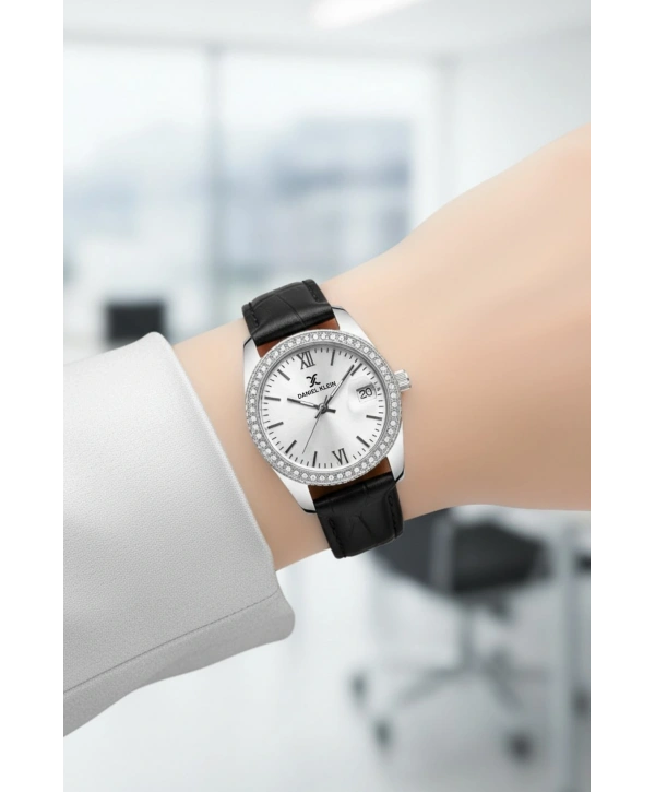 Deri Kordon Çelik Kasa Kadın Kol Saati+Bileklik Hediyeli Siyah-Gümüş sddk107