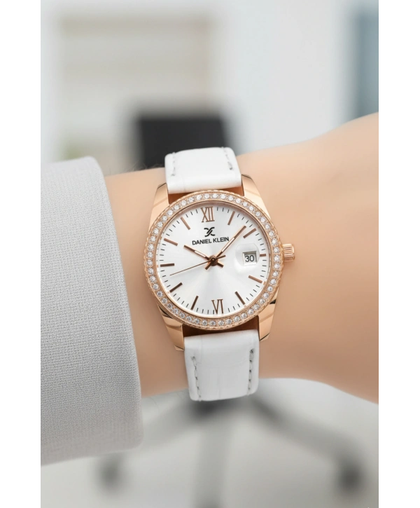 Deri Kordon Çelik Kasa Kadın Kol Saati+Bileklik Hediyeli Beyaz-Rose sddk107