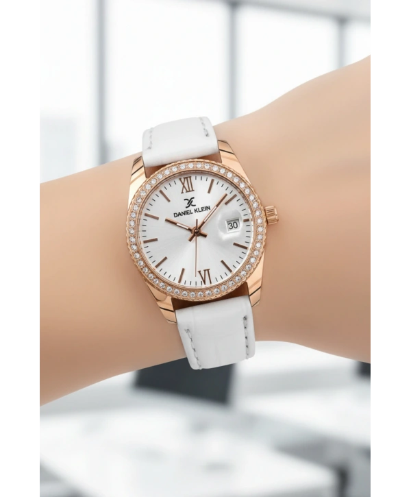 Deri Kordon Çelik Kasa Kadın Kol Saati+Bileklik Hediyeli Beyaz-Rose sddk107