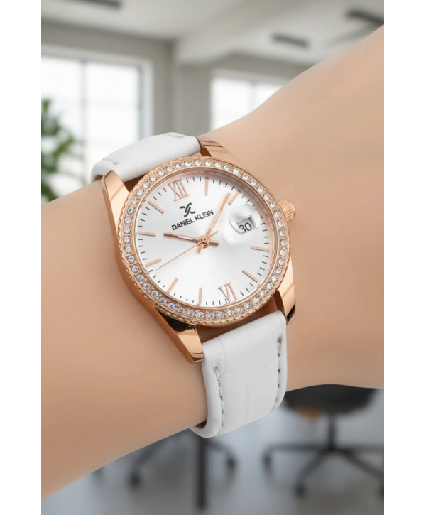 Deri Kordon Çelik Kasa Kadın Kol Saati+Bileklik Hediyeli Beyaz-Rose sddk107