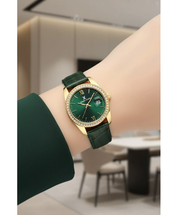 Deri Kordon Çelik Kasa Kadın Kol Saati+Bileklik Hediyeli Yeşil-Gold sddk107