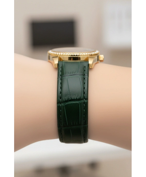 Deri Kordon Çelik Kasa Kadın Kol Saati+Bileklik Hediyeli Yeşil-Gold sddk107