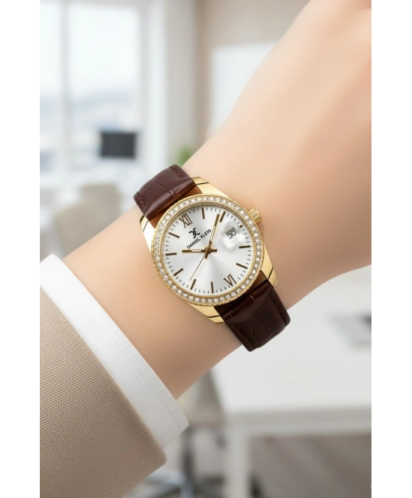 Deri Kordon Çelik Kasa Kadın Kol Saati+Bileklik Hediyeli Kahve-Gold sddk107