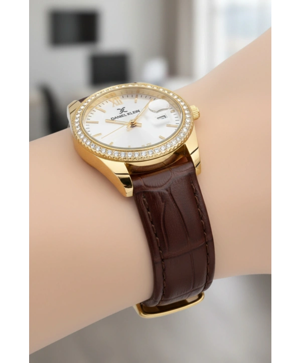 Deri Kordon Çelik Kasa Kadın Kol Saati+Bileklik Hediyeli Kahve-Gold sddk107