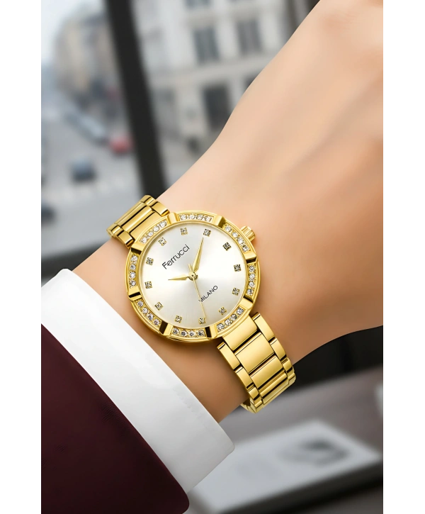 Ferrucci Çelik Kordon Taşlı Kasa Kadın Kol Saati Gold sdfer183