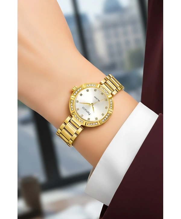 Ferrucci Çelik Kordon Taşlı Kasa Kadın Kol Saati Gold sdfer183