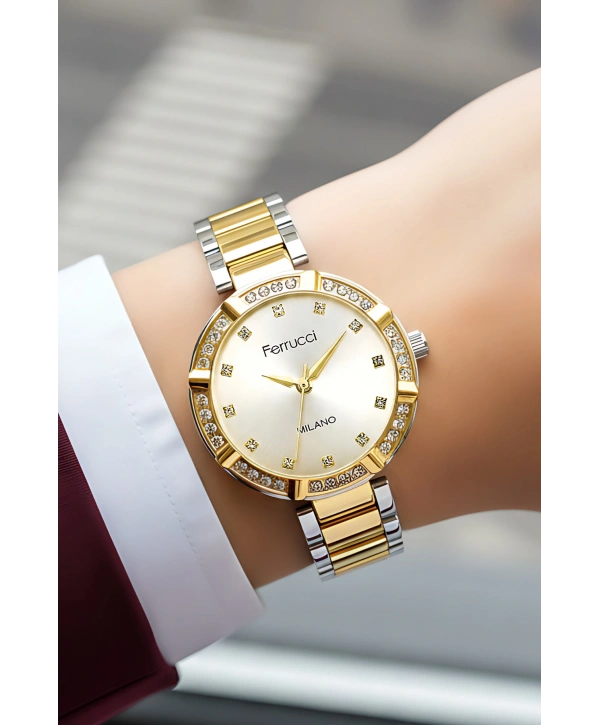 Ferrucci Çelik Kordon Taşlı Kasa Kadın Kol Saati Gümüş-Gold sdfer183