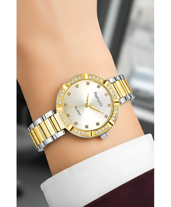 Ferrucci Çelik Kordon Taşlı Kasa Kadın Kol Saati Gümüş-Gold sdfer183