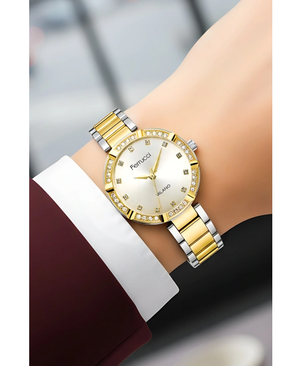 Ferrucci Çelik Kordon Taşlı Kasa Kadın Kol Saati Gümüş-Gold sdfer183