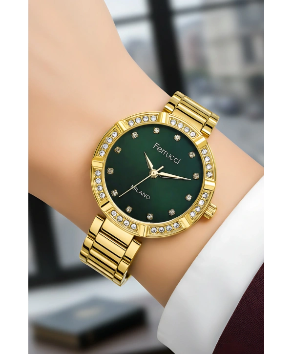 Ferrucci Çelik Kordon Taşlı Kasa Kadın Kol Saati Gold Yeşil sdfer183
