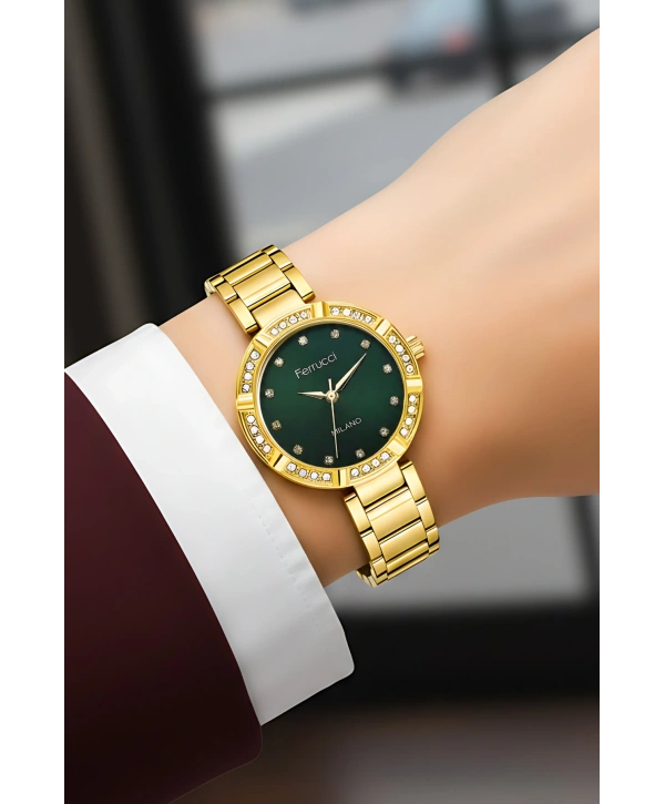 Ferrucci Çelik Kordon Taşlı Kasa Kadın Kol Saati Gold Yeşil sdfer183
