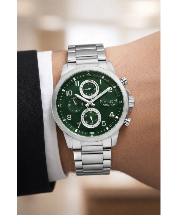 Function Erkek Kol Saati Çelik Kordon Gümüş-Yeşil Bileklik Hediyeli 3atm sdfer061