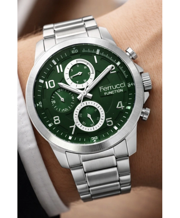Function Erkek Kol Saati Çelik Kordon Gümüş-Yeşil Bileklik Hediyeli 3atm sdfer061
