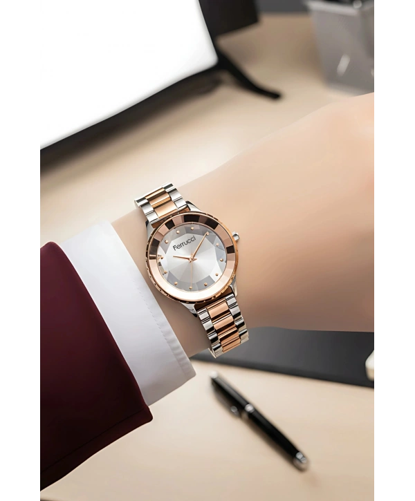 Rose Gold-gümüş Çelik Kordon Çelik Kasa Kadın Kol Saati Fc.13603m.04 Zmfer100