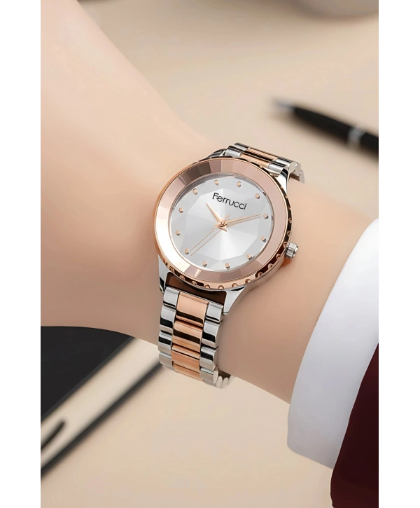 Rose Gold-gümüş Çelik Kordon Çelik Kasa Kadın Kol Saati Fc.13603m.04 Zmfer100