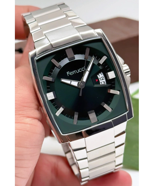 Ferrucci Takvimli Erkek Kol Saati, Çelik Kordon & Özel Tasarım, 3atm Suya Dayanıklı Gümüş-yeşil Sdfer163