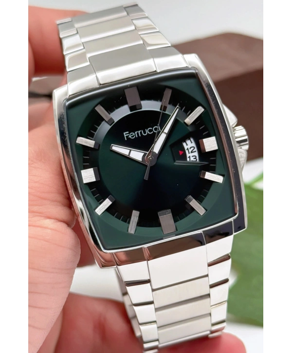 Ferrucci Takvimli Erkek Kol Saati, Çelik Kordon & Özel Tasarım, 3atm Suya Dayanıklı Gümüş-yeşil Sdfer163
