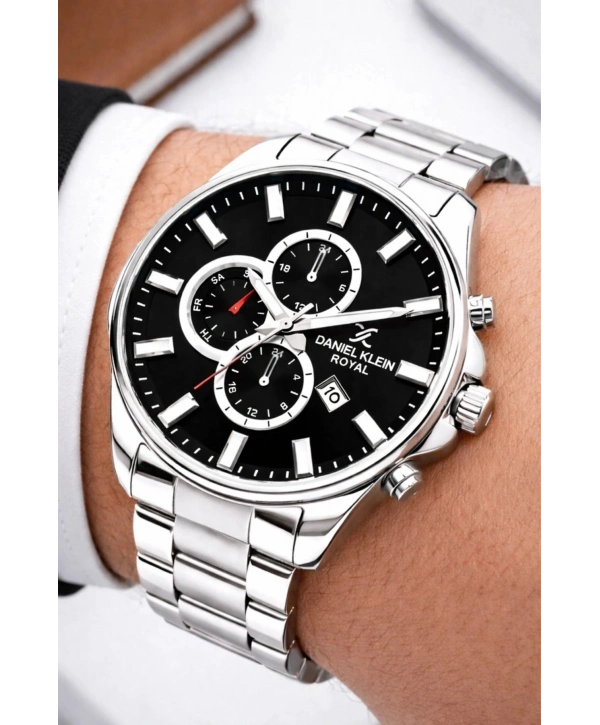 Premium Erkek Kol Saati Takvimli Çelik Kordon Bileklik Hediyeli Gümüş-siyah sddk003