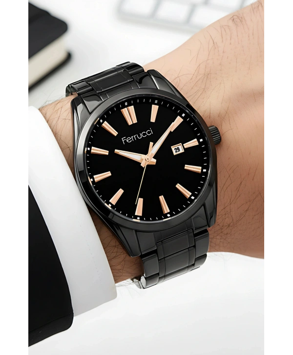 Takvimli Erkek Kol Saati Çelik Kordon 3 Atm Suya Dayanıklı Bileklik Hediyeli Siyah-Rose sdf