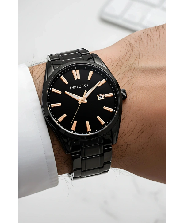 Takvimli Erkek Kol Saati Çelik Kordon 3 Atm Suya Dayanıklı Bileklik Hediyeli Siyah-Rose sdf