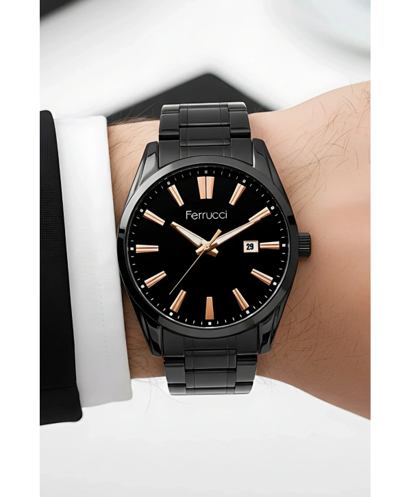 Takvimli Erkek Kol Saati Çelik Kordon 3 Atm Suya Dayanıklı Bileklik Hediyeli Siyah-Rose sdf