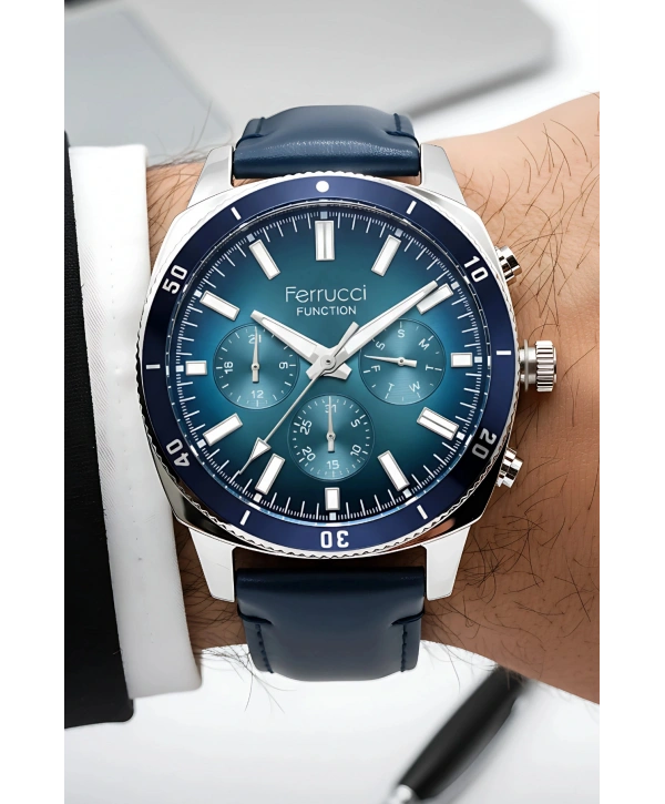 Function Erkek Kol Saati Deri Kordon Kordon 3 Atm Suya Dayanıklı Bileklik Hediyeli Gümüş-Mavi Sd