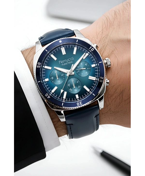 Function Erkek Kol Saati Deri Kordon Kordon 3 Atm Suya Dayanıklı Bileklik Hediyeli Gümüş-Mavi Sd