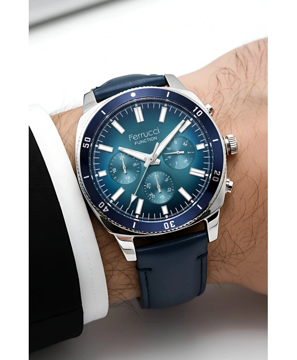 Function Erkek Kol Saati Deri Kordon Kordon 3 Atm Suya Dayanıklı Bileklik Hediyeli Gümüş-Mavi Sd