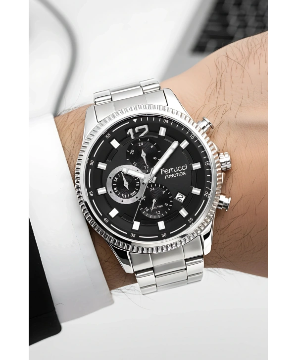 Function Erkek Kol Saati Çelik Kordon Gümüş-Siyah Bileklik Hediyeli 3atm sdfer061