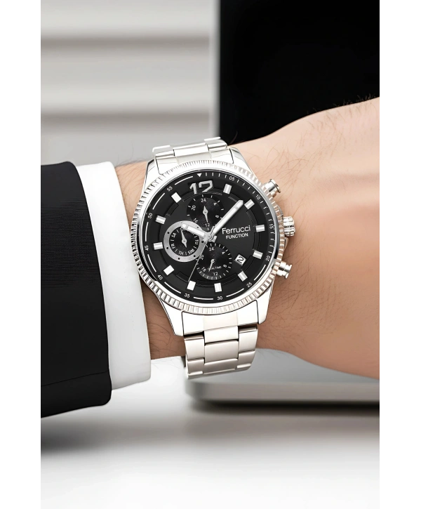 Function Erkek Kol Saati Çelik Kordon Gümüş-Siyah Bileklik Hediyeli 3atm sdfer061