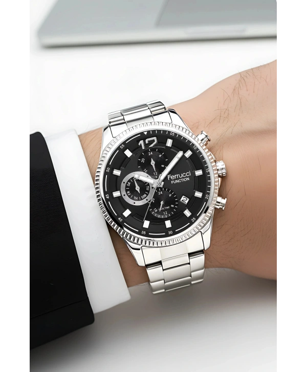 Function Erkek Kol Saati Çelik Kordon Gümüş-Siyah Bileklik Hediyeli 3atm sdfer061
