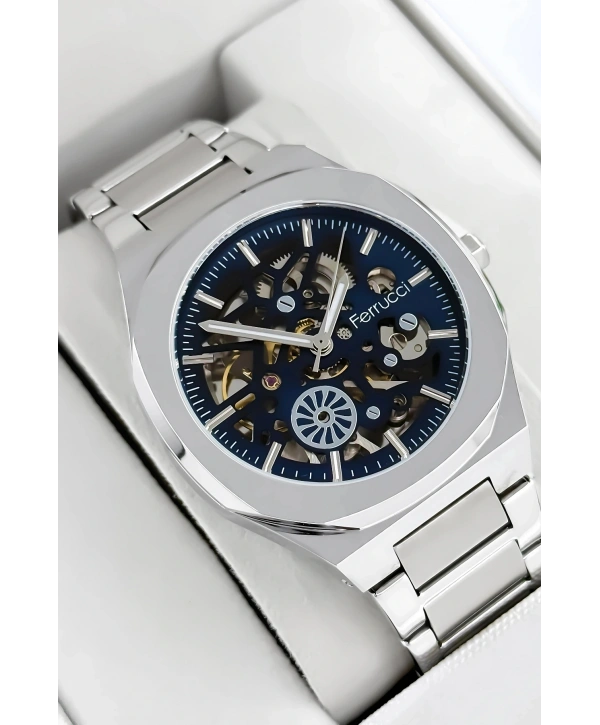 Otomatik Erkek Saati, Gümüş Renk Çelik Kordon&Kasa, Mavi Kadran, Cam Arka Kapak sdfer078