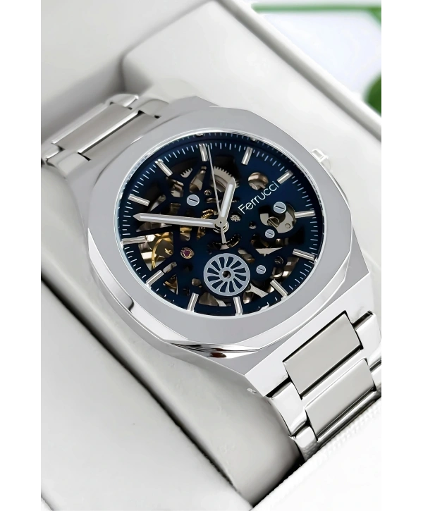 Otomatik Erkek Saati, Gümüş Renk Çelik Kordon&Kasa, Mavi Kadran, Cam Arka Kapak sdfer078