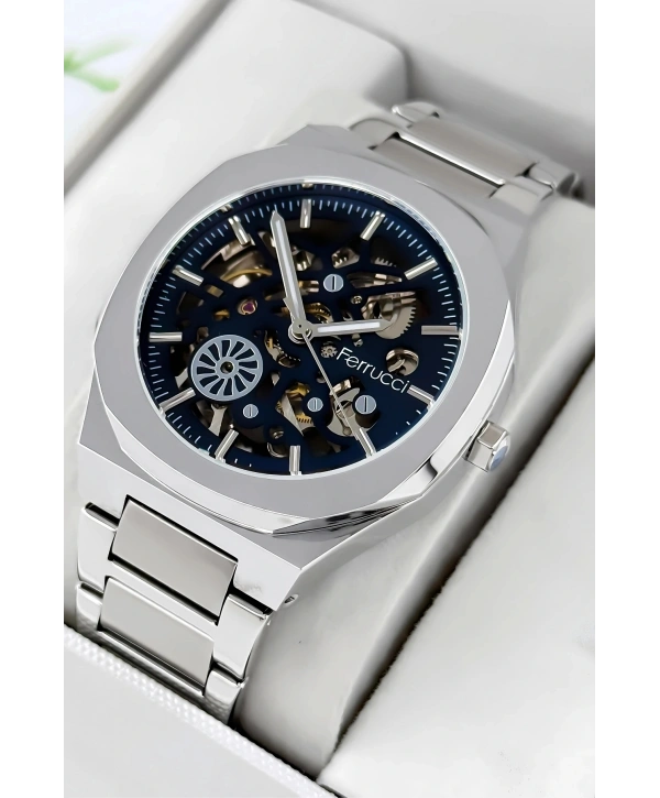 Otomatik Erkek Saati, Gümüş Renk Çelik Kordon&Kasa, Mavi Kadran, Cam Arka Kapak sdfer078