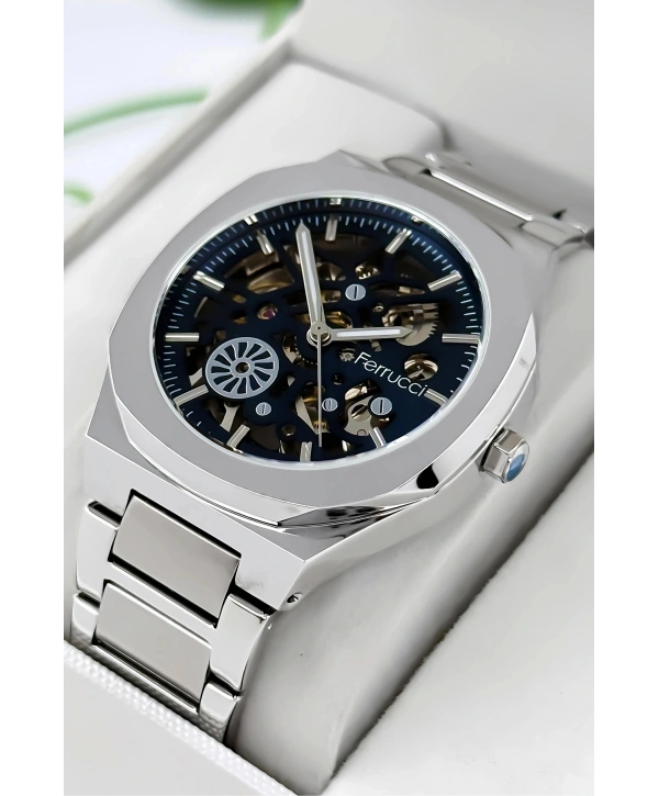 Otomatik Erkek Saati, Gümüş Renk Çelik Kordon&Kasa, Mavi Kadran, Cam Arka Kapak sdfer078