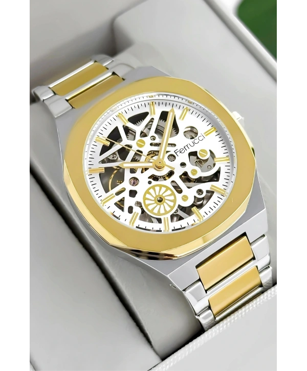 Otomatik Erkek Saati, Gümüş-Gold Renk Çelik Kordon&Kasa, Beyaz Kadran, Cam Arka Kapak sdfer
