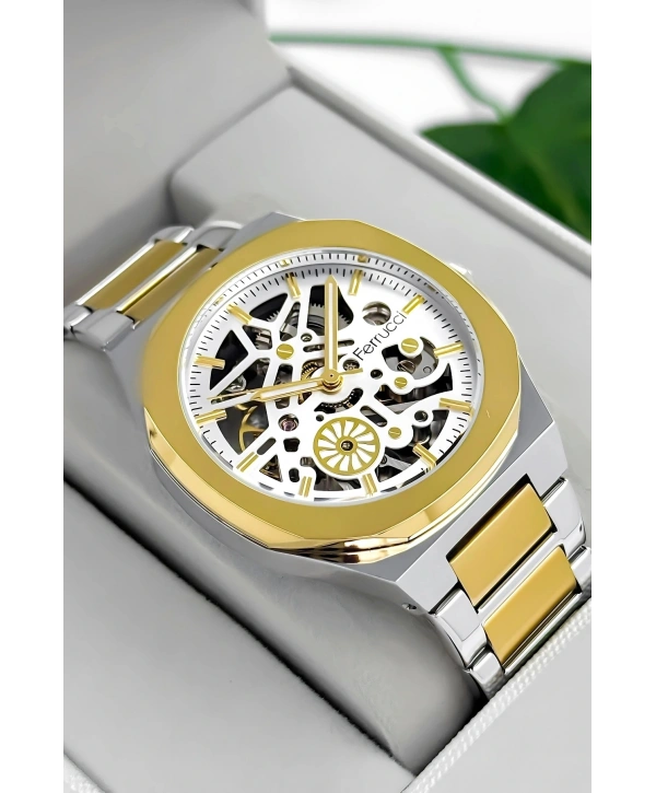 Otomatik Erkek Saati, Gümüş-Gold Renk Çelik Kordon&Kasa, Beyaz Kadran, Cam Arka Kapak sdfer