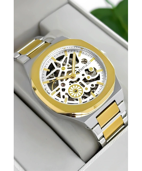 Otomatik Erkek Saati, Gümüş-Gold Renk Çelik Kordon&Kasa, Beyaz Kadran, Cam Arka Kapak sdfer