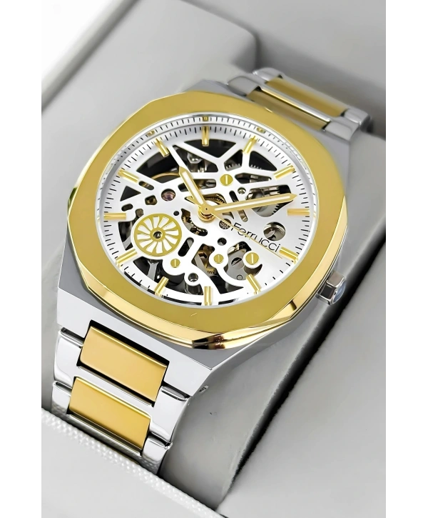 Otomatik Erkek Saati, Gümüş-Gold Renk Çelik Kordon&Kasa, Beyaz Kadran, Cam Arka Kapak sdfer