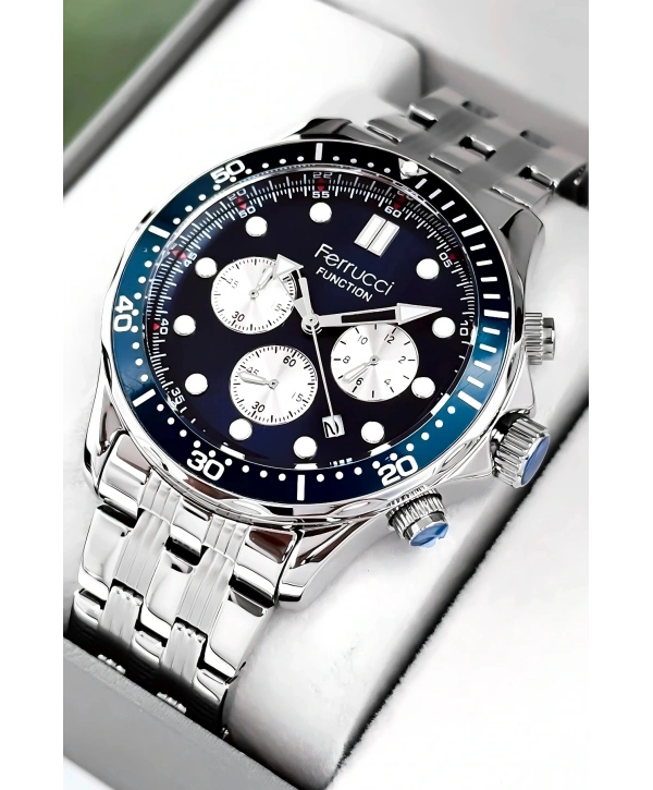 Function Erkek Kol Saati Gümüş-Mavi Çelik Kordon 3ATM Suya Dayanıklı sdfer095