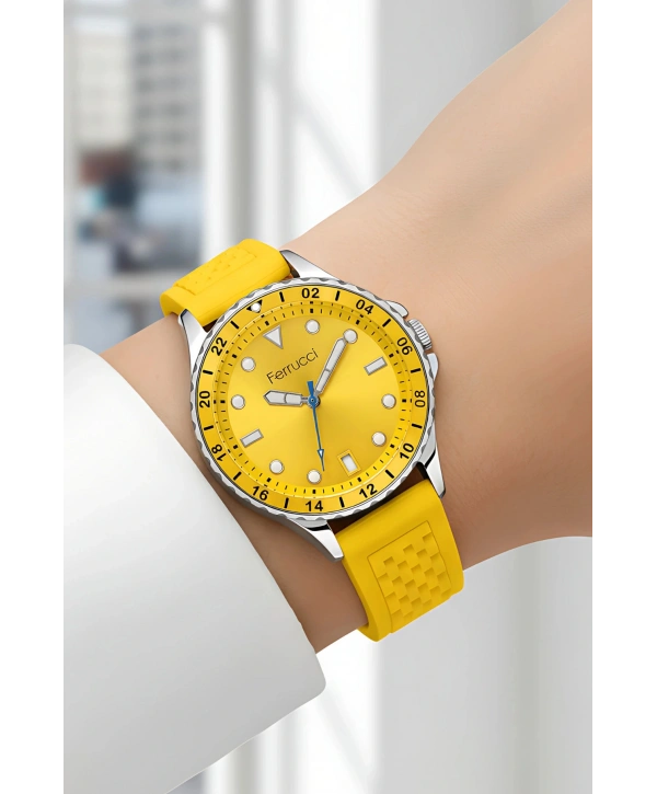 Sarı Silikon Kordon Gümüş Çelik Kasa Kadın Kol Saati Fc 03282s.05 Bileklik Sdfer096