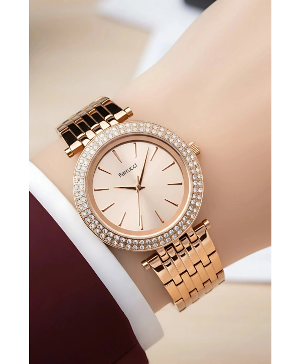 Kadın Kol Saati Rose Renk Çelik Kordon Taşlı Çelik Kasa Sdfer143