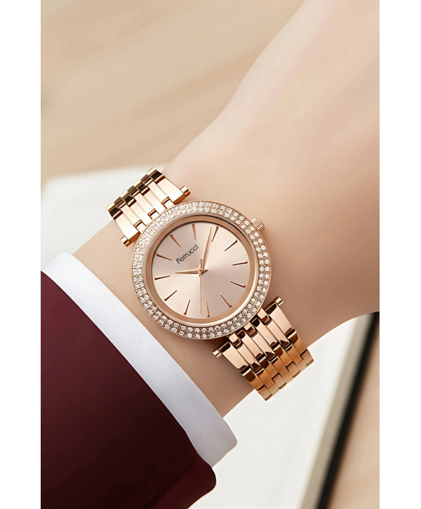 Kadın Kol Saati Rose Renk Çelik Kordon Taşlı Çelik Kasa Sdfer143
