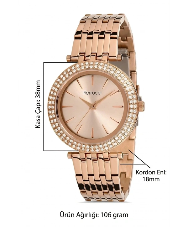 Kadın Kol Saati Rose Renk Çelik Kordon Taşlı Çelik Kasa Sdfer143