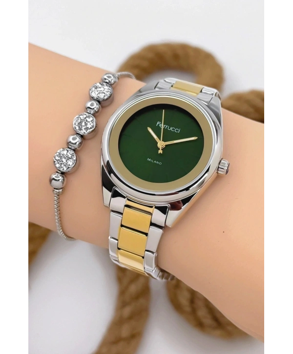 Kadın Kol Saati Gümüş-Gold Renk Çelik Kordon Çelik Kasa Gümüş-Gold-Yeşil sdfer144