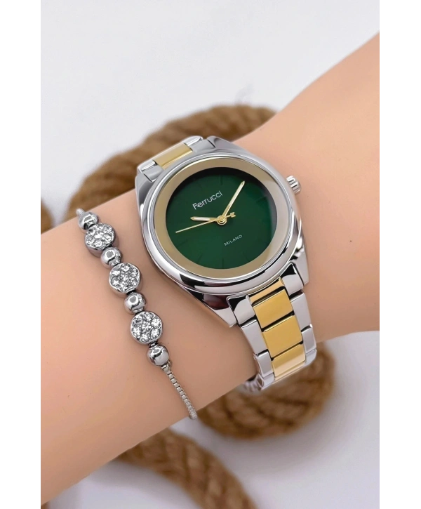 Kadın Kol Saati Gümüş-Gold Renk Çelik Kordon Çelik Kasa Gümüş-Gold-Yeşil sdfer144